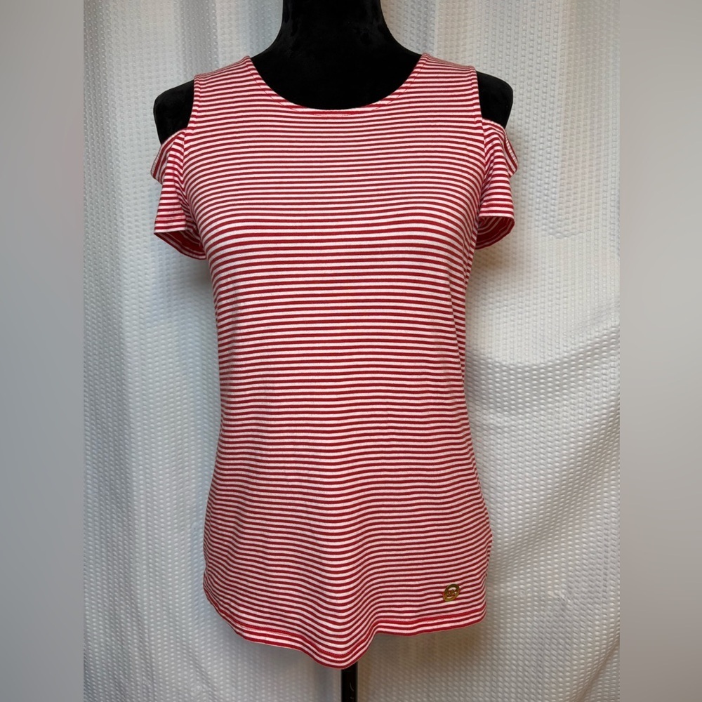 Michael Kors red & white striped blouse open shoulder crew neck cotton blend S